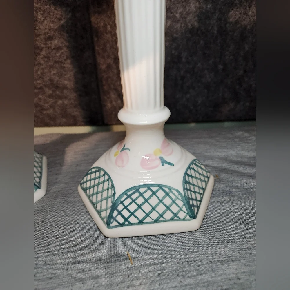 Signed Hand-Painted Ceramic Candlesticks Pink Green Flowers Lattice Design 12